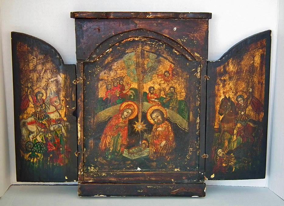 Antique 18th c Greek Post-Byzantine Orthodox Triptych Nativity Icon