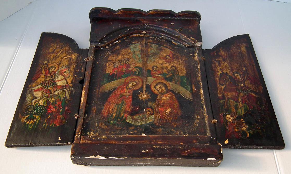 Antique 18th c Greek Post-Byzantine Orthodox Triptych Nativity Icon