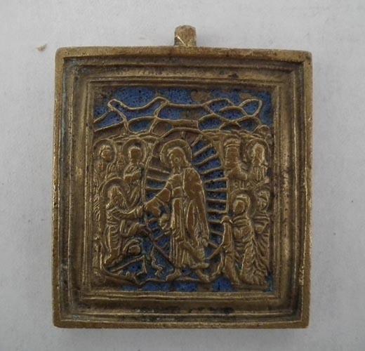 Antique Russian Orthodox Brass & Enamel Icon Anastasis