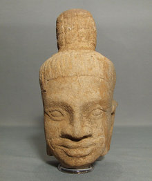 Antique Khmer Head of Divinity, Antique Sandstone Figure