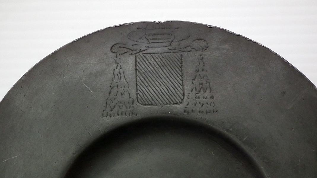 Antique 18th Century Pewter Catholic Church Paten Coat-Of-Arms of Archbishop Jean-Louis Berton des Balbes de Crillon