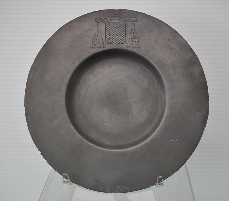 Antique 18th Century Pewter Catholic Church Paten Coat-Of-Arms of Archbishop Jean-Louis Berton des Balbes de Crillon