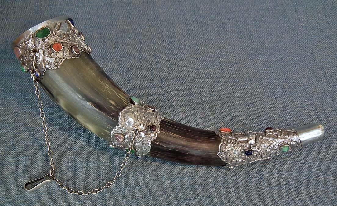 Antique 18th-19th Century Chinese Qing Dynasty Silver Mounted Jeweled Drinking Horn