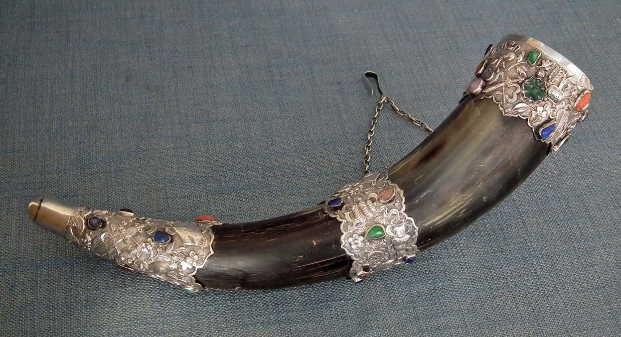 Antique 18th-19th Century Chinese Qing Dynasty Silver Mounted Jeweled Drinking Horn