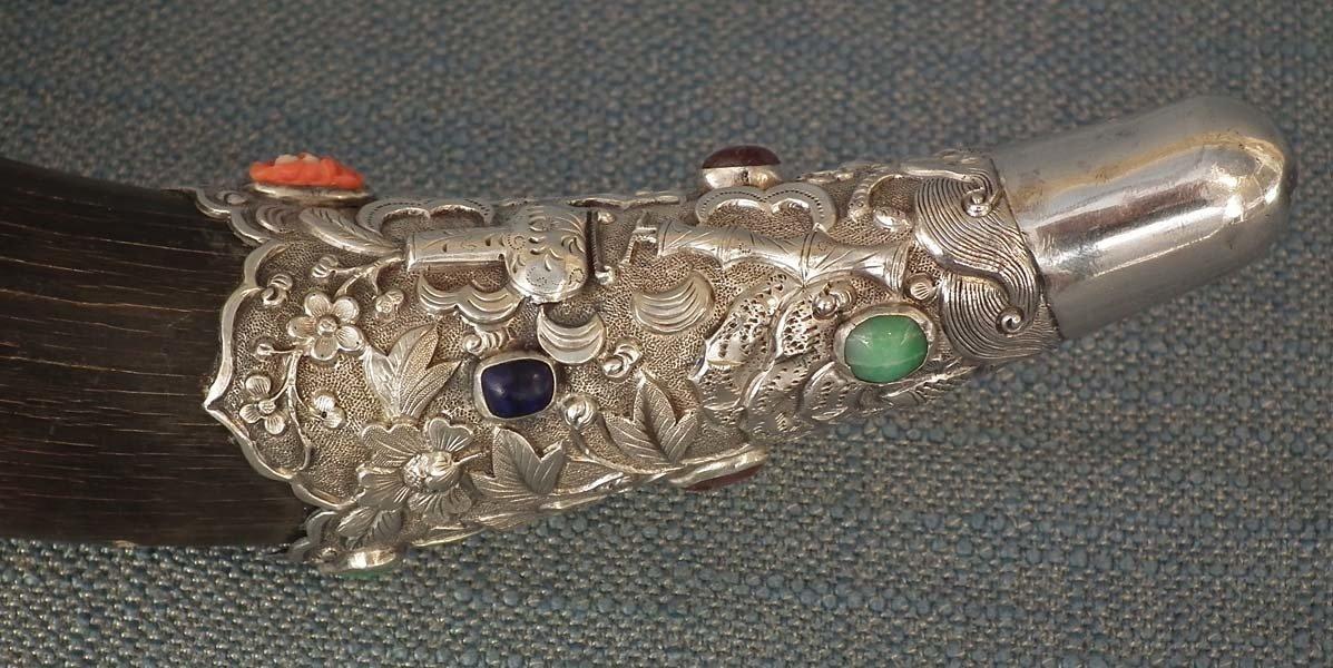 Antique 18th-19th Century Chinese Qing Dynasty Silver Mounted Jeweled Drinking Horn
