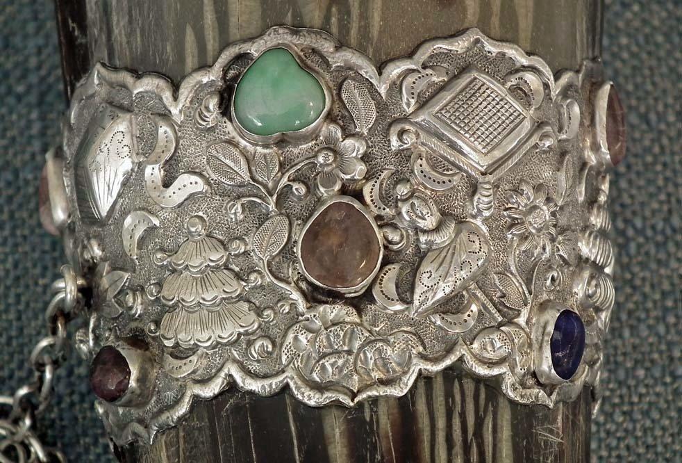 Antique 18th-19th Century Chinese Qing Dynasty Silver Mounted Jeweled Drinking Horn