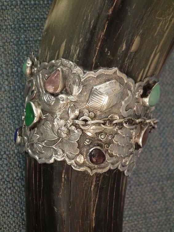 Antique 18th-19th Century Chinese Qing Dynasty Silver Mounted Jeweled Drinking Horn