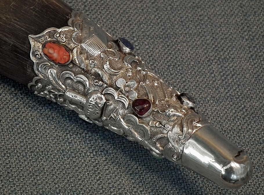 Antique 18th-19th Century Chinese Qing Dynasty Silver Mounted Jeweled Drinking Horn