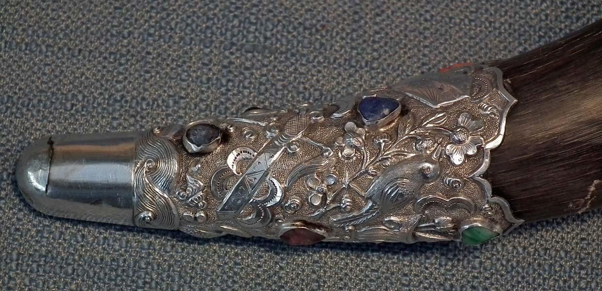 Antique 18th-19th Century Chinese Qing Dynasty Silver Mounted Jeweled Drinking Horn