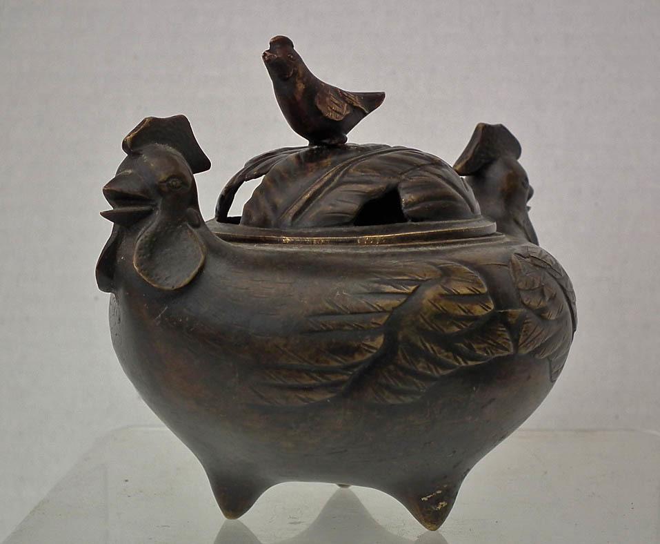 Antique Chinese 17th -19th Century Qing Dynasty Chicken Bronze Incense Burner Censer
