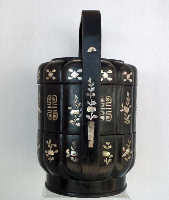 Antique Chinese Mother Of Pearl Inlaid Lacquer Qing Dynasty Wedding Basket Lunch Box