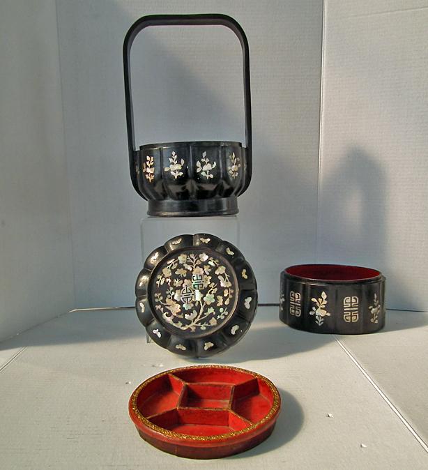Antique Chinese Mother Of Pearl Inlaid Lacquer Qing Dynasty Wedding Basket Lunch Box