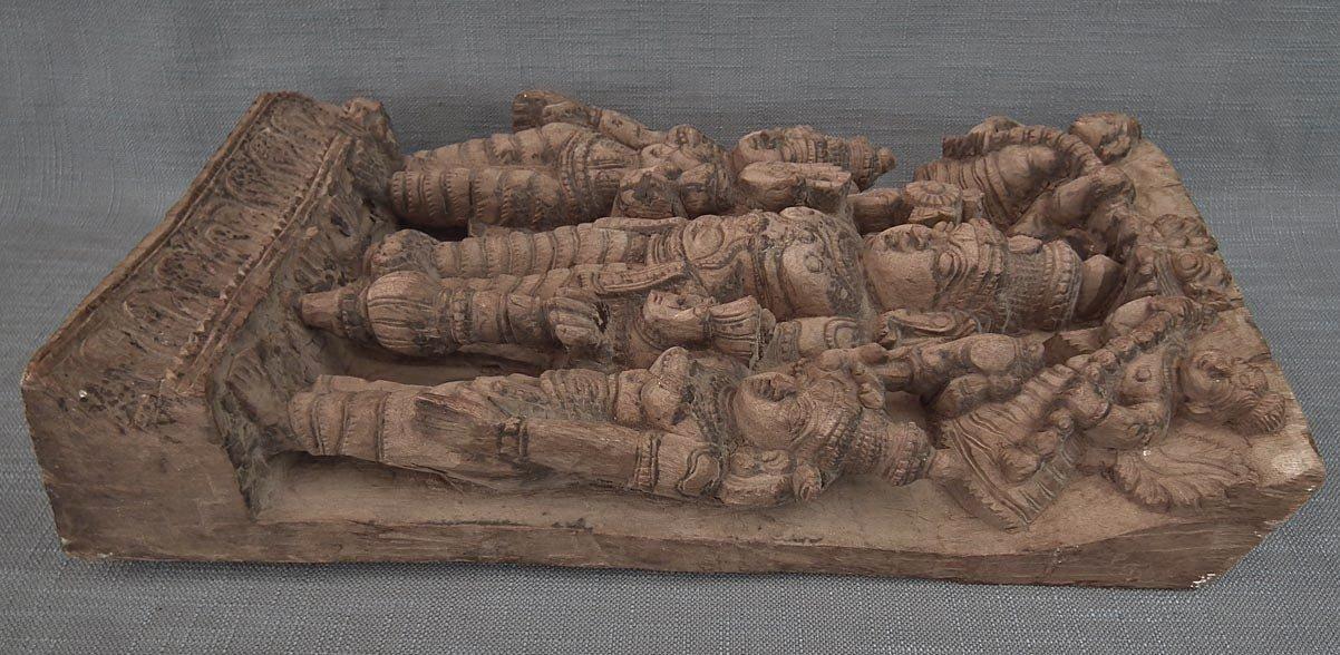Antique Indian Hindu Wood Sculpture Vishnu Shridevi & Bhudevi 18th Century India