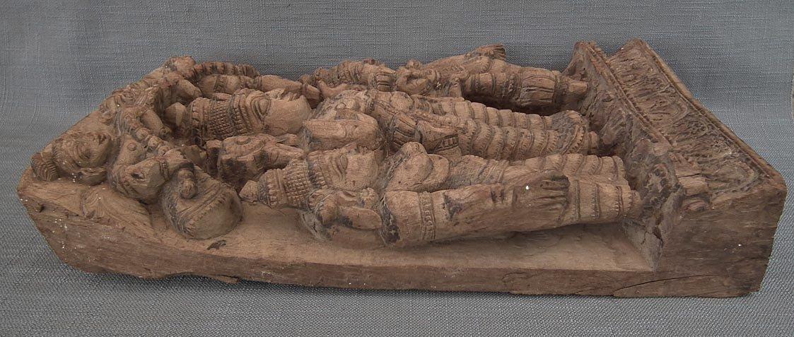 Antique Indian Hindu Wood Sculpture Vishnu Shridevi & Bhudevi 18th Century India