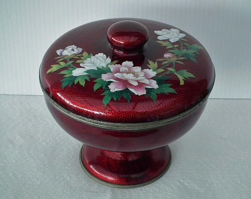 Antique Japanese Signed Ginbari Cloisonné Enamel Akasuke Footed Bowl With Lid