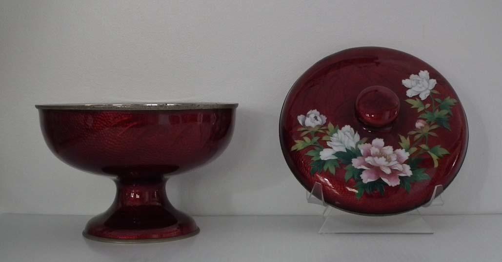 Antique Japanese Signed Ginbari Cloisonné Enamel Akasuke Footed Bowl With Lid