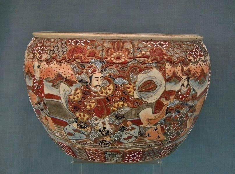 Antique 19th century Meiji Japanese Satsuma Earthenware Large Planter Fish Bowl
