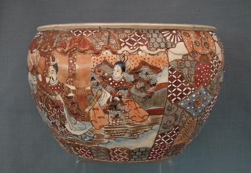 Antique 19th century Meiji Japanese Satsuma Earthenware Large Planter Fish Bowl