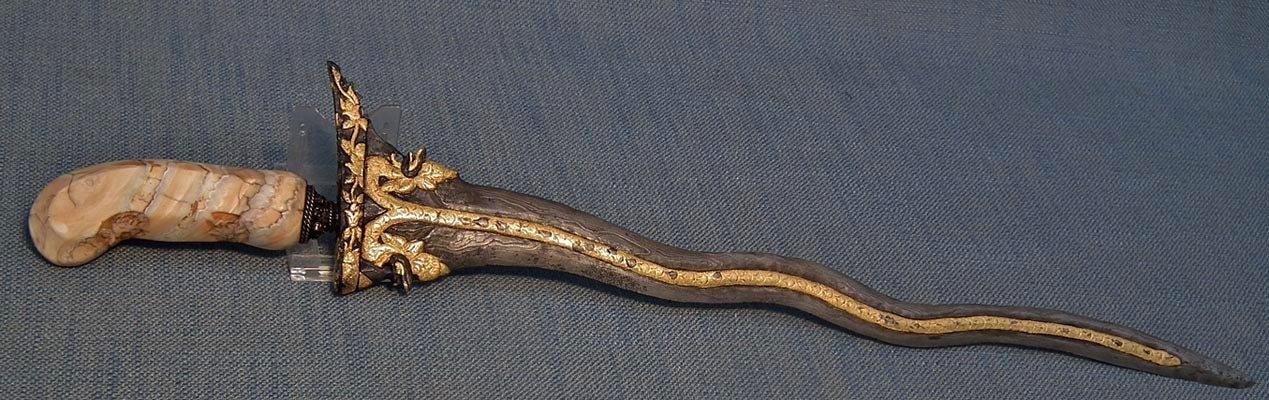 Antique Javanese Indonesian Kris Keris With Molar Fossil Hilt And Gold Naga Penganten