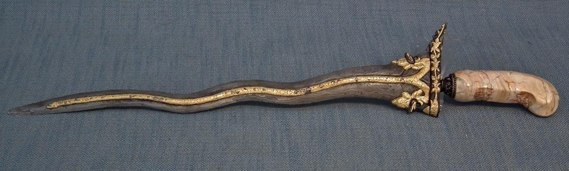 Antique Javanese Indonesian Kris Keris With Molar Fossil Hilt And Gold Naga Penganten