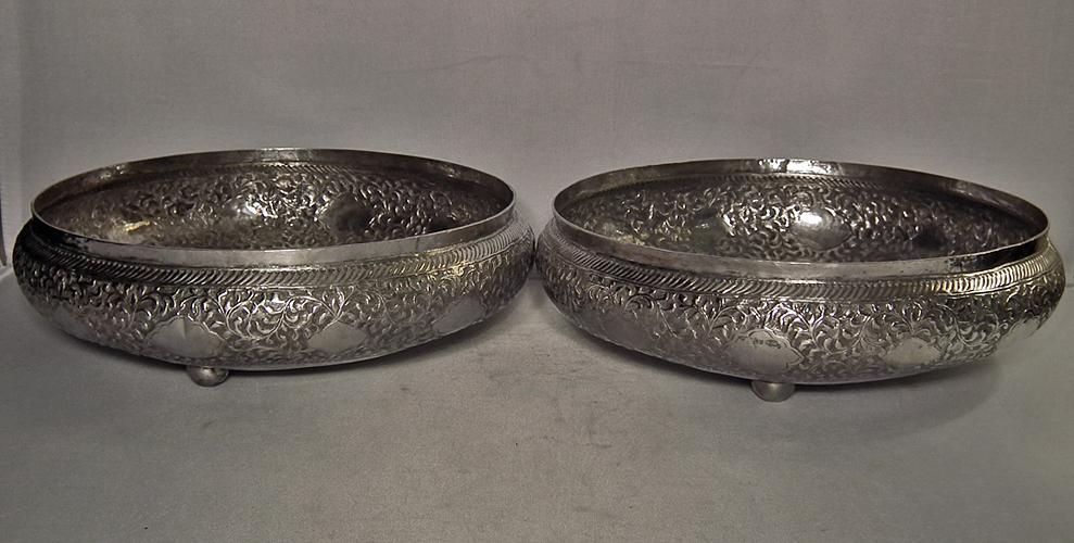 A Pair of Antique Islamic Malaysian Silver Bowls with sword Kris Keris