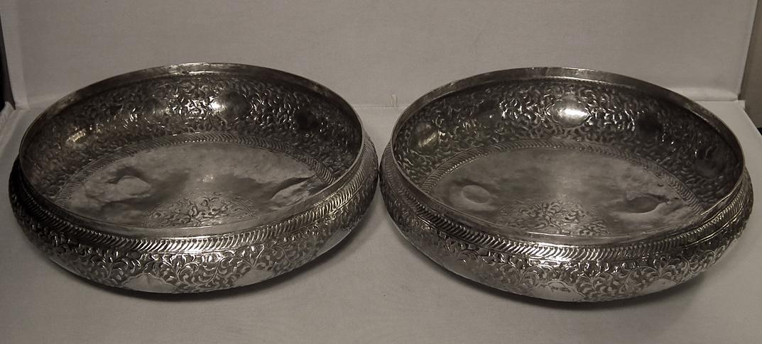 A Pair of Antique Islamic Malaysian Silver Bowls with sword Kris Keris