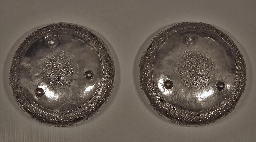 A Pair of Antique Islamic Malaysian Silver Bowls with sword Kris Keris