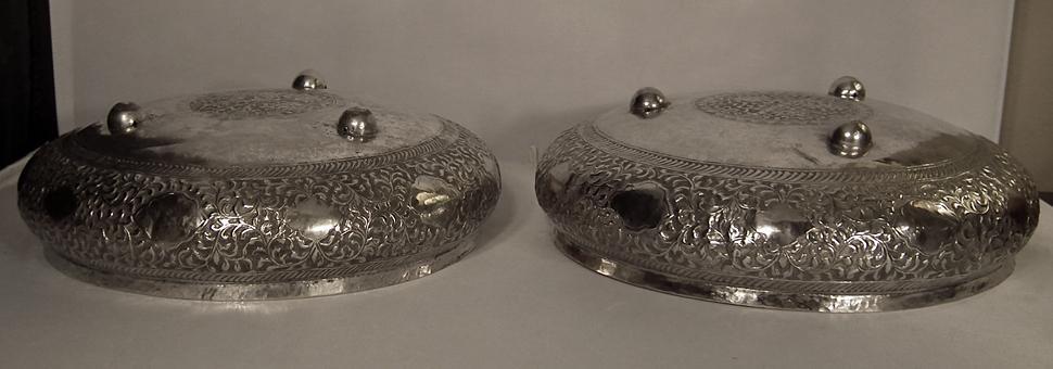 A Pair of Antique Islamic Malaysian Silver Bowls with sword Kris Keris