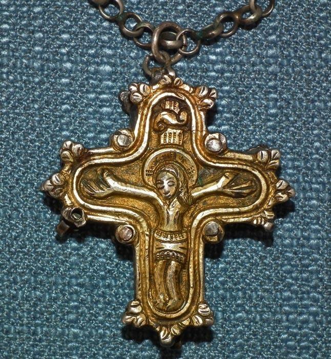 Antique Gold Gilded Silver Post - Byzantine Orthodox Reliquary Cross Encolpion