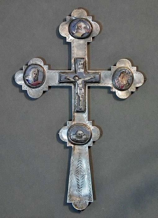 Antique 19th century Russian Rostov Enameled Blessing Reliquary Cross