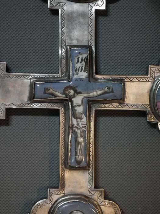 Antique 19th century Russian Rostov Enameled Blessing Reliquary Cross