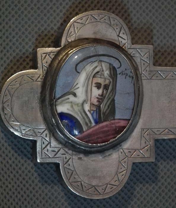 Antique 19th century Russian Rostov Enameled Blessing Reliquary Cross