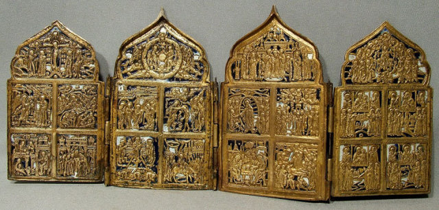 Antique Russian Folded Icon Brass Enamel, 18th Century