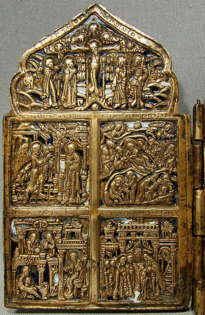 Antique Russian Folded Icon Brass Enamel, 18th Century