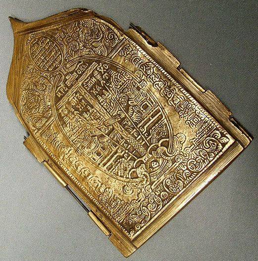 Antique Russian Folded Icon Brass Enamel, 18th Century