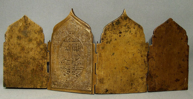 Antique Russian Folded Icon Brass Enamel, 18th Century