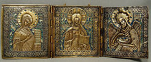 Antique Russian Icon Triptych Brass Enamel, 19th Century