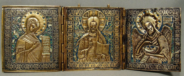 Antique Russian Icon Triptych Brass Enamel, 19th Century