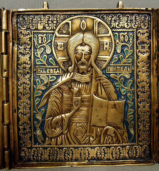 Antique Russian Icon Triptych Brass Enamel, 19th Century