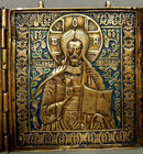 Antique Russian Icon Triptych Brass Enamel, 19th Century