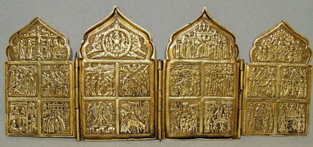 Antique Russian Icon Brass Four Panels, 18th-19th century