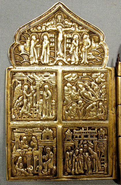Antique Russian Icon Brass Four Panels, 18th-19th century