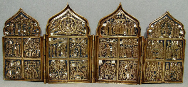 Antique Russian Bronze & Enamel Folded Icon