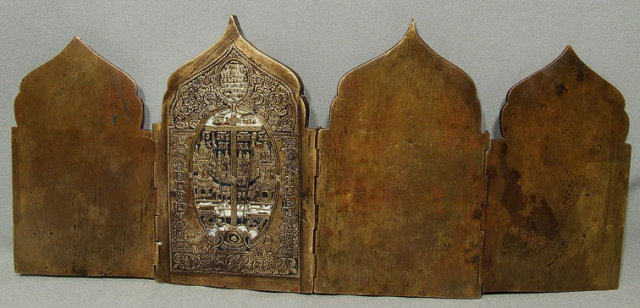 Antique Russian Bronze & Enamel Folded Icon