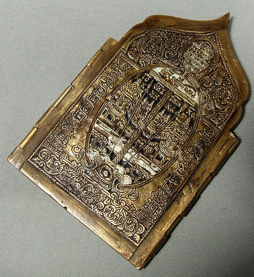 Antique Russian Bronze & Enamel Folded Icon