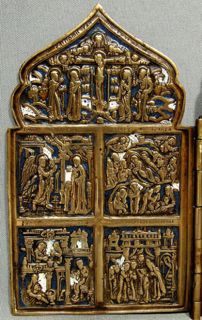 Antique Russian Bronze & Enamel Folded Icon
