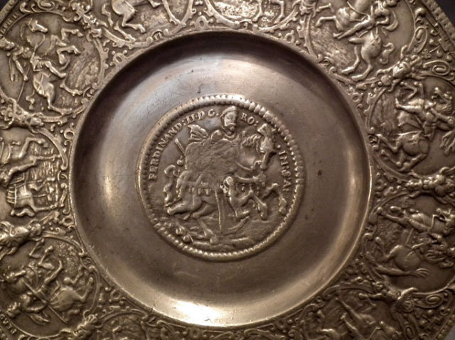 Antique 17th century Nürnberg Zinn Pewter Relief Plate Kaisertel