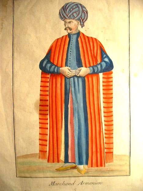 SOLD Armenian Merchant Watercolor Etching, 18th century