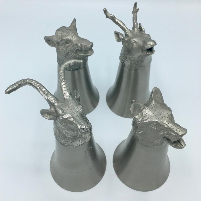 Vintage Set of 4 Animal Head Stirrup Cups Goblets Pewter and Silverplate