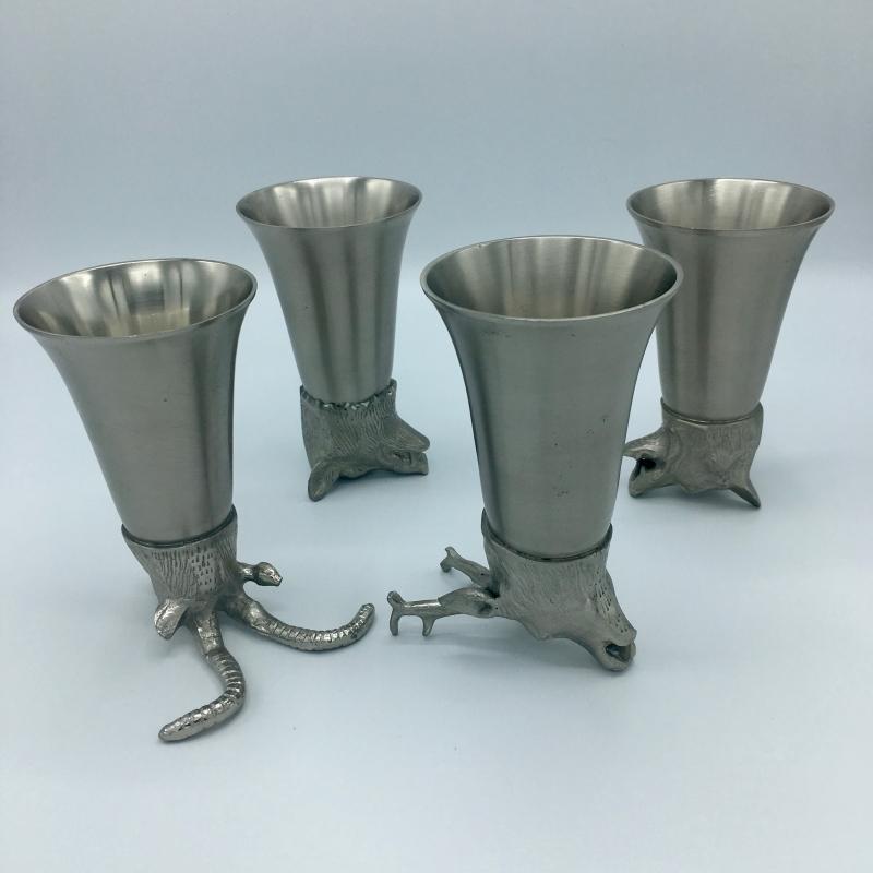 Vintage Set of 4 Animal Head Stirrup Cups Goblets Pewter and Silverplate